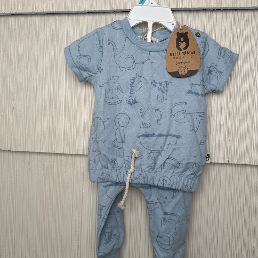 NWT 6-9m Rabbit and Bear Outfit Blue Zoo Animal Print